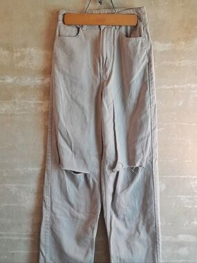 554a. cream tan H&M 100% cotton high rise distressed wide leg pants, 0